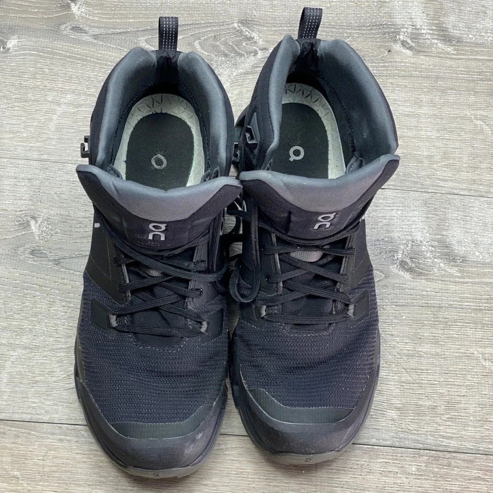On Cloudrock Waterproof Hiking Boots Mens 12 Black All Black Trail Outdoor